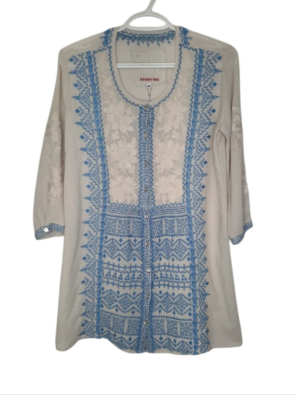 Johnny Was 3J Workshop Cotton Embroidered Button Up Tunic  Blouse Womens Size XS